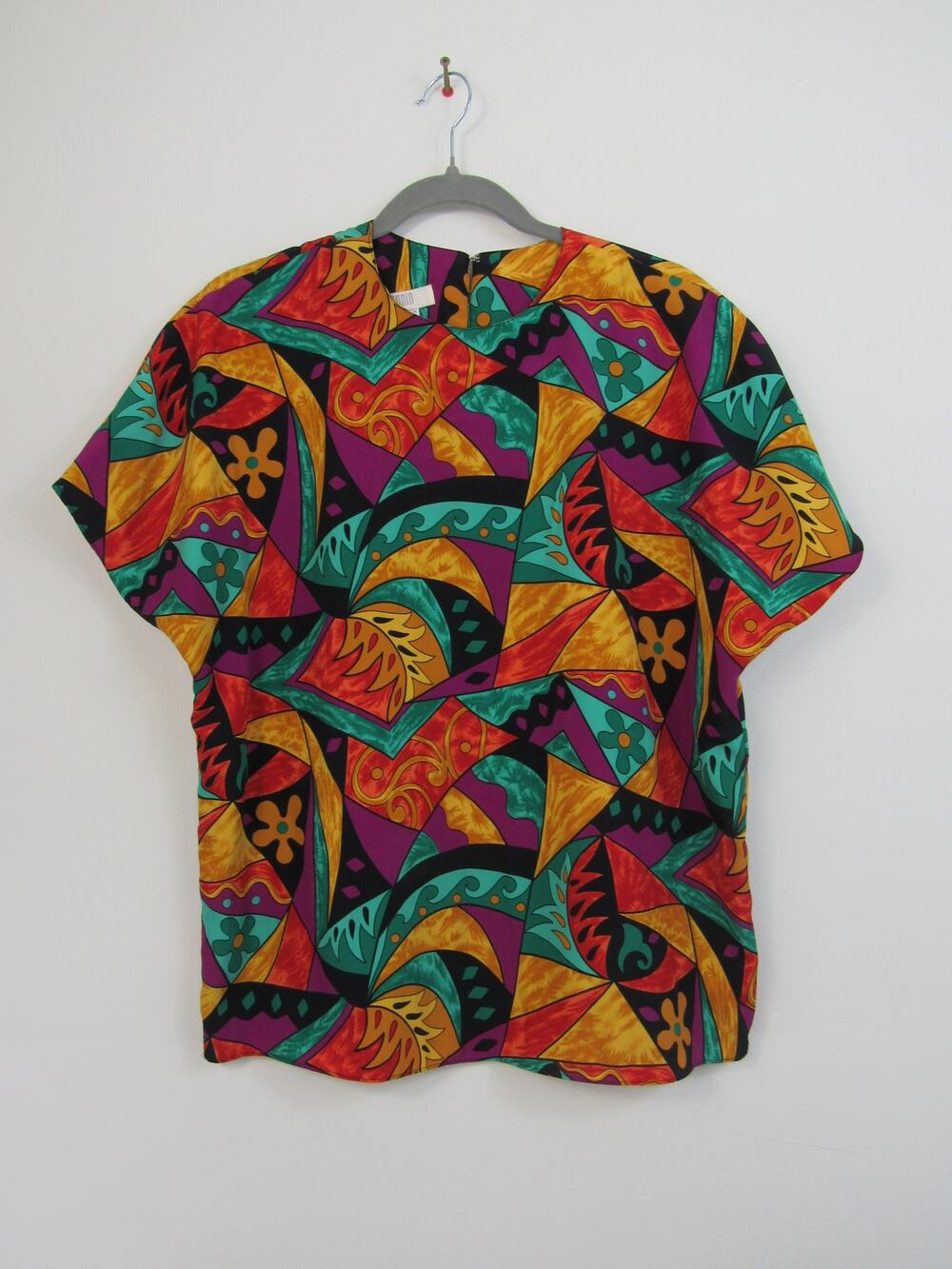 I. Magnin Size 10 Vintage Colorful Abstract Short Sleeve Blouse Top VTG Funky
